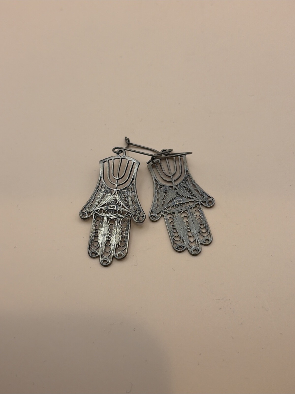 Vtg 925 Sterling Silver Filigree Hamsa Menorah Dangle Earrings Israel Judaica