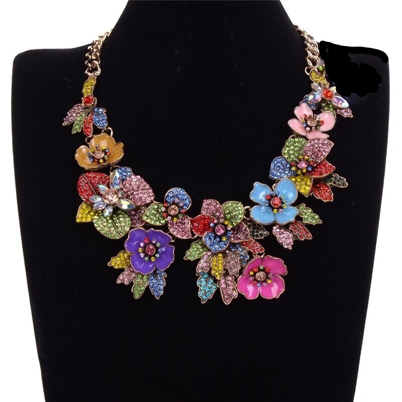 MULTI COLOR FLORAL BOUQUET VTG Style Pave Rhinestone Enamel Bib Necklace