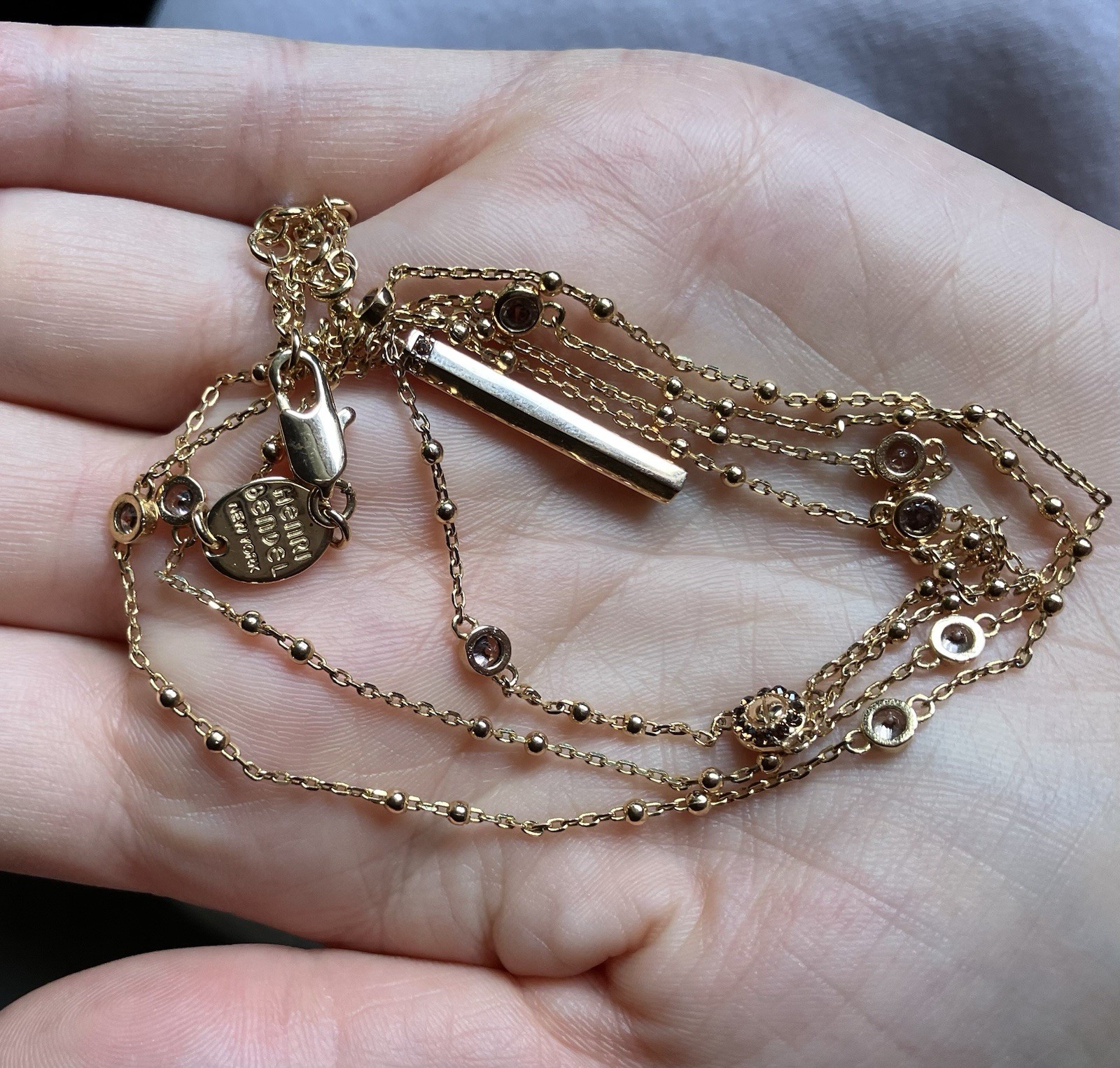 Henri Bendel Necklace Dainty Gold Toned 17inch Chain Pink Rhinestones Signed
