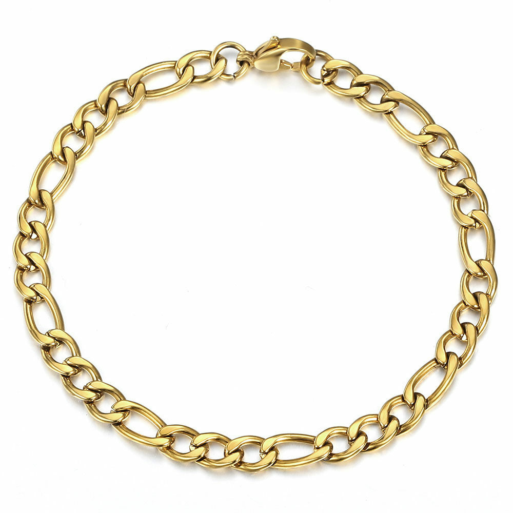 3/5/7/9mm Gold Plated Stainless Steel Figaro Link Chain Bracelet Men Women 7-10″