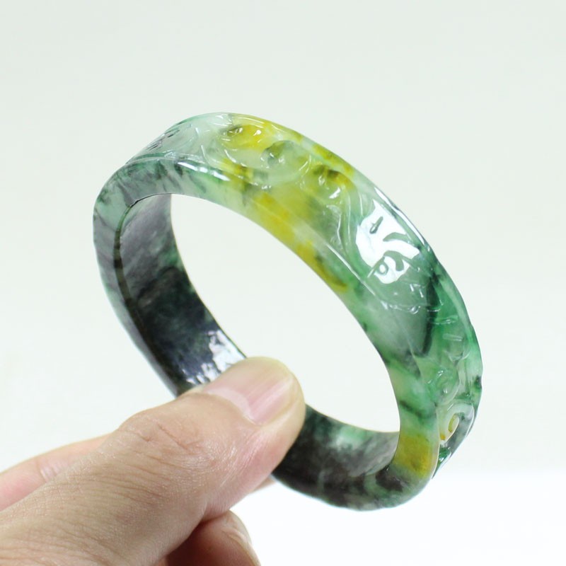 61mm Real Natural Ice Multicolor Burmese Jade jadeite Carving Bracelet Bangle
