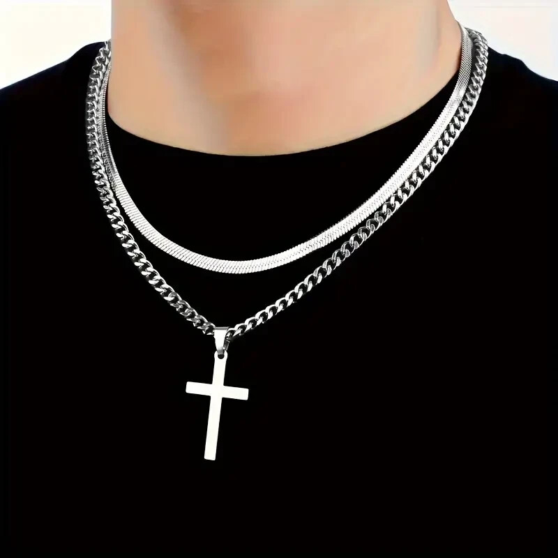 2 piezas collar colgante de cruz acero inoxidable para hombre, cadena de hip hop