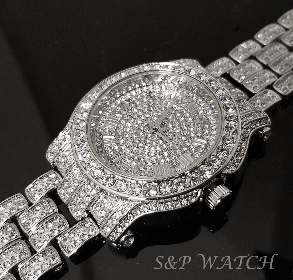 Men Hip Hop Icy Iced Silver Plated Alloy Bling Cubic Zirconia Bling Luxury Watch
