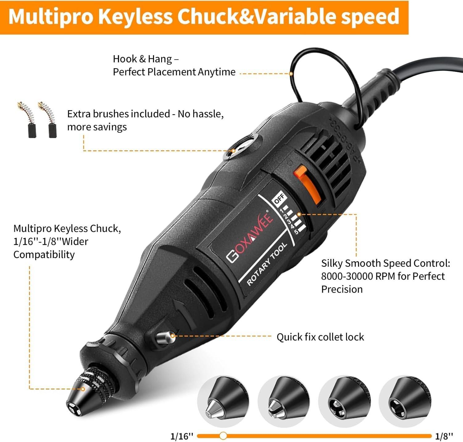 GOXAWEE Rotary Tool Kit with MultiPro Keyless Chuck and Flex Shaft Black