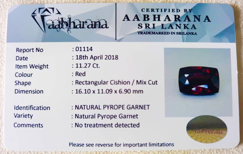 Natural Red Pyrope Garnet 11.27ct Untreated VVS, In-house Certified – 01114
