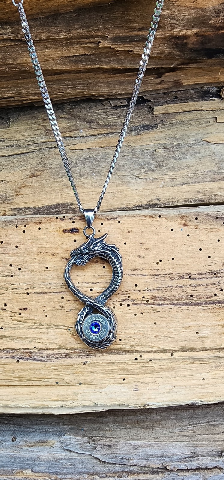 Large Stainless Steel Dragon Bullet Necklace. 44 Mag Bullet. Optional Crystal.