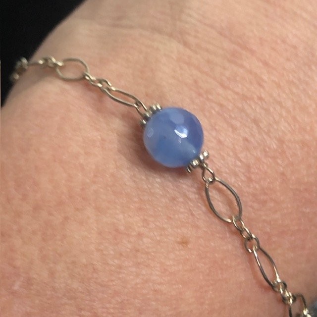 9571 Sterling Silver 925 Bracelet Blue Chalcedony Gemstone 2.4grams 7.5″