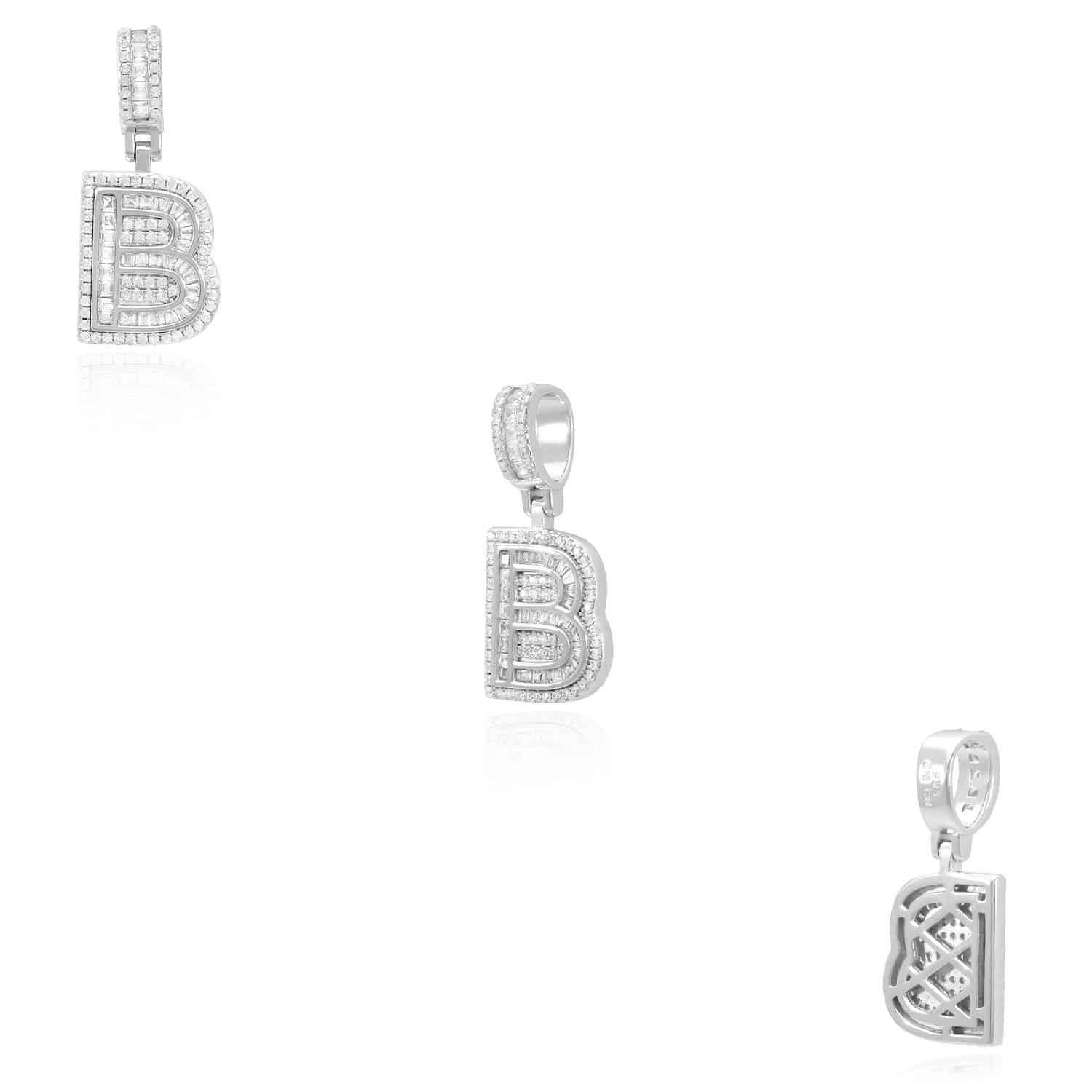 18K White Gold Over Silver CZ Initial Letter Charm Pendant 1.2″