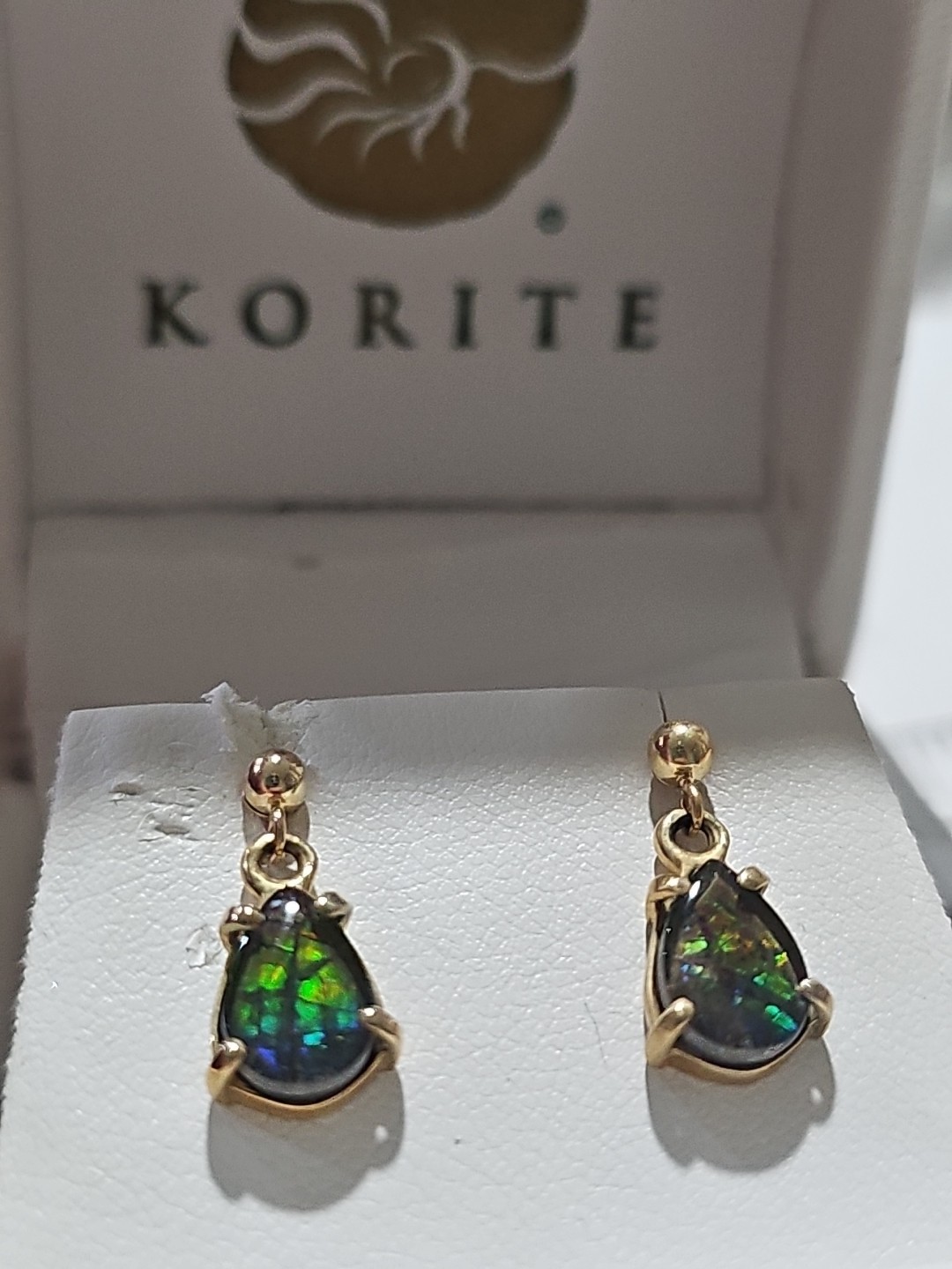 Stunning Korite Ammolite Earrings set in 14k Solid Yellow Gold
