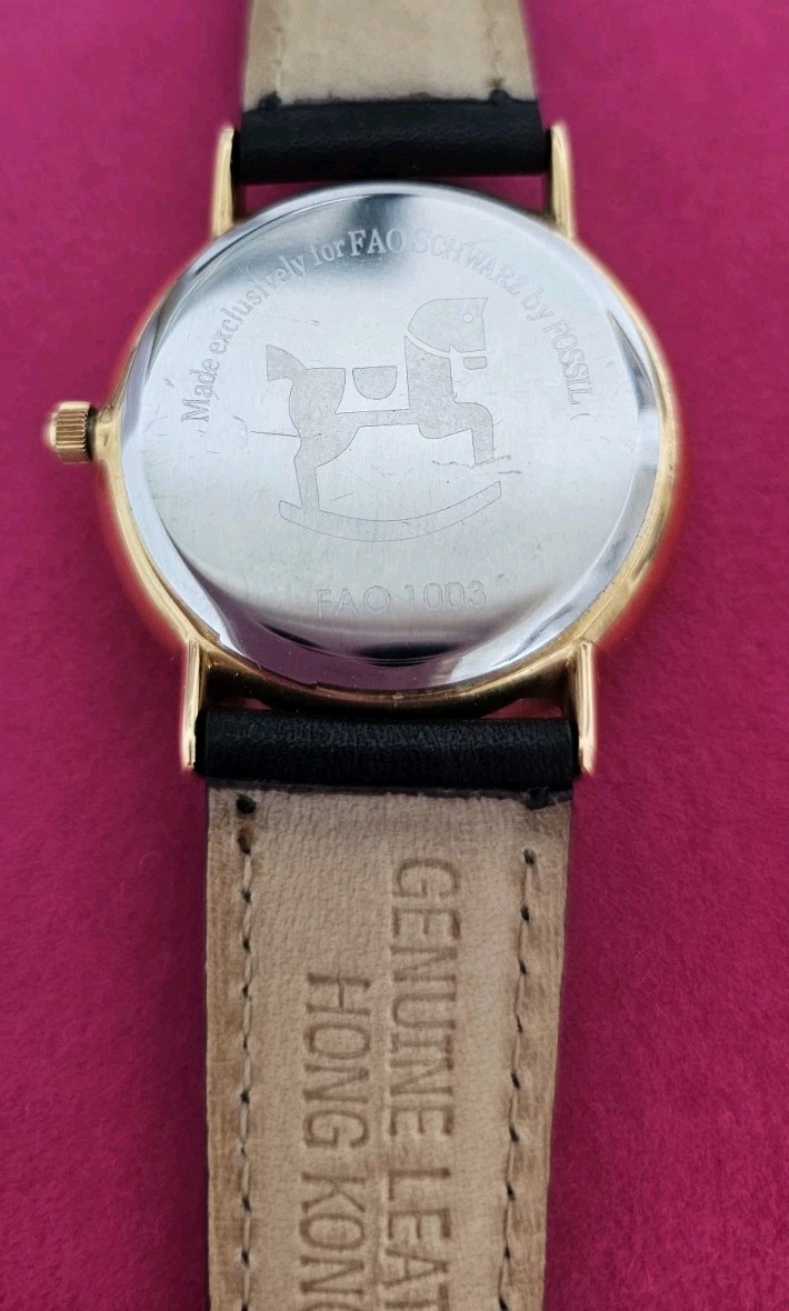 FAO Schwarz Fossil Watch Unixex Gold Black Leather Quartz 1003 Prism Face