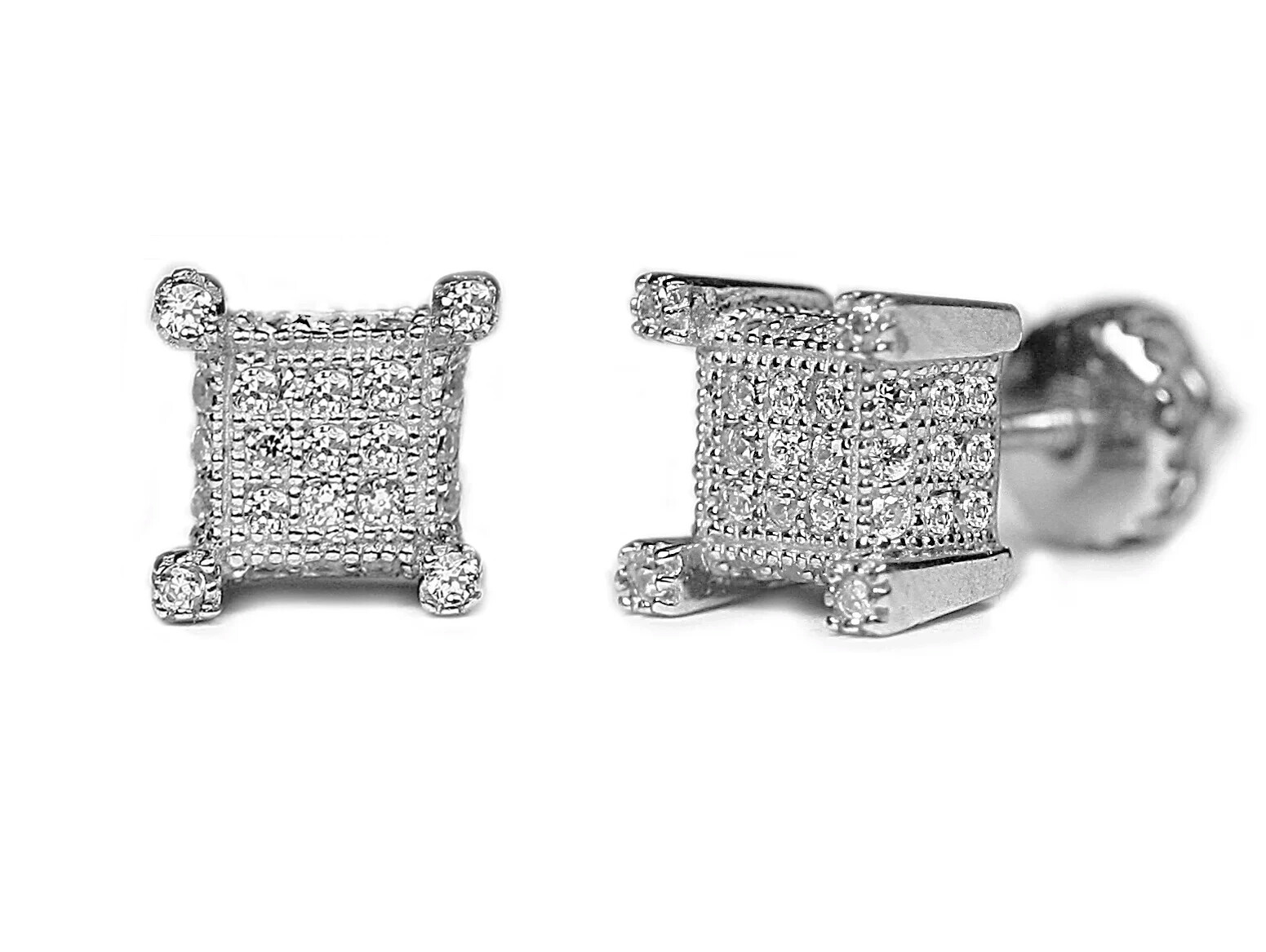 925 Sterling Silver Cubic Zirconia Micro Pave Square Kite Screw Back Earrings 03