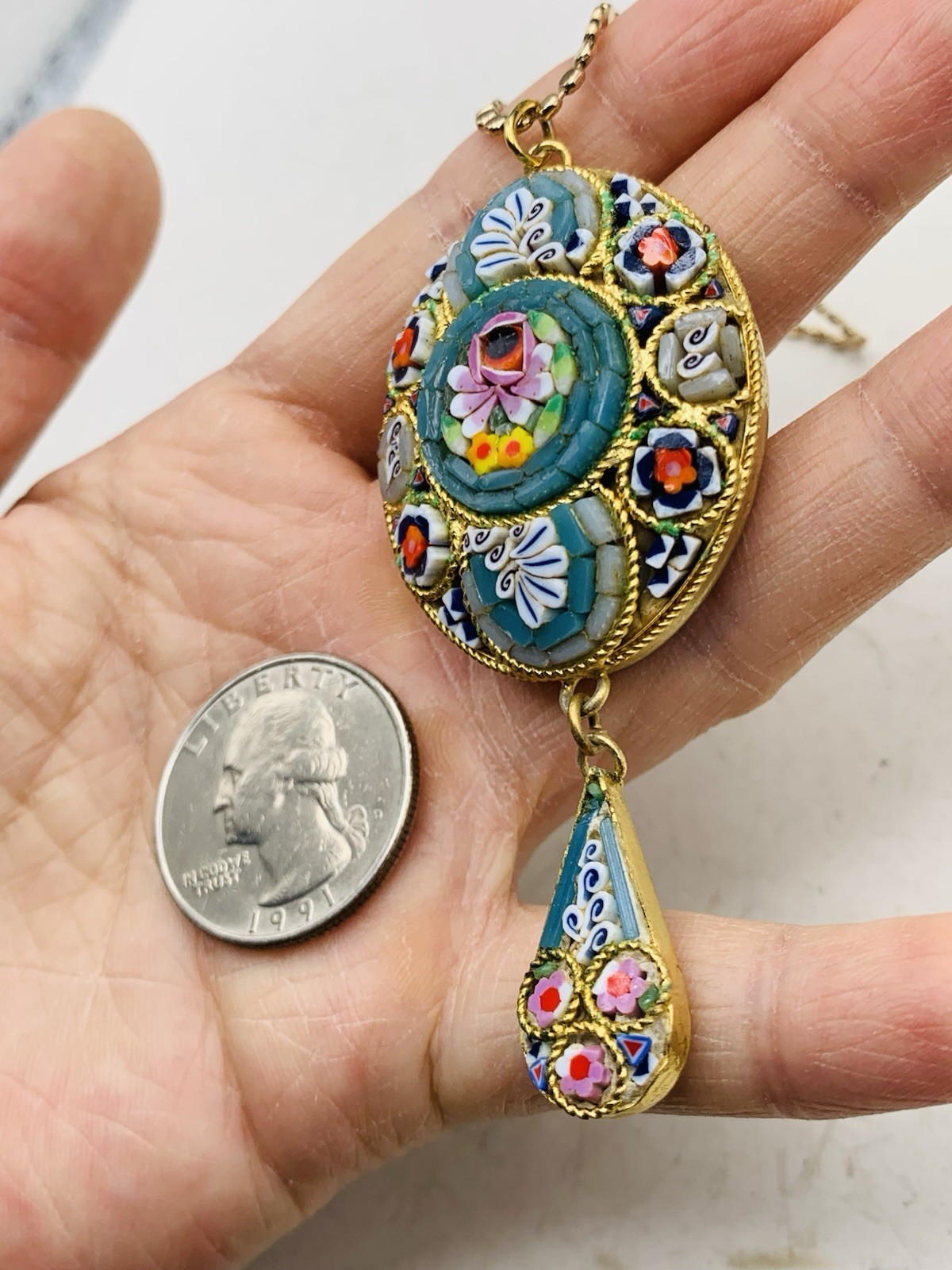 Vintage Colorful Boho Italian Micro mosaic Millefiori Floral Gold Tone Necklace