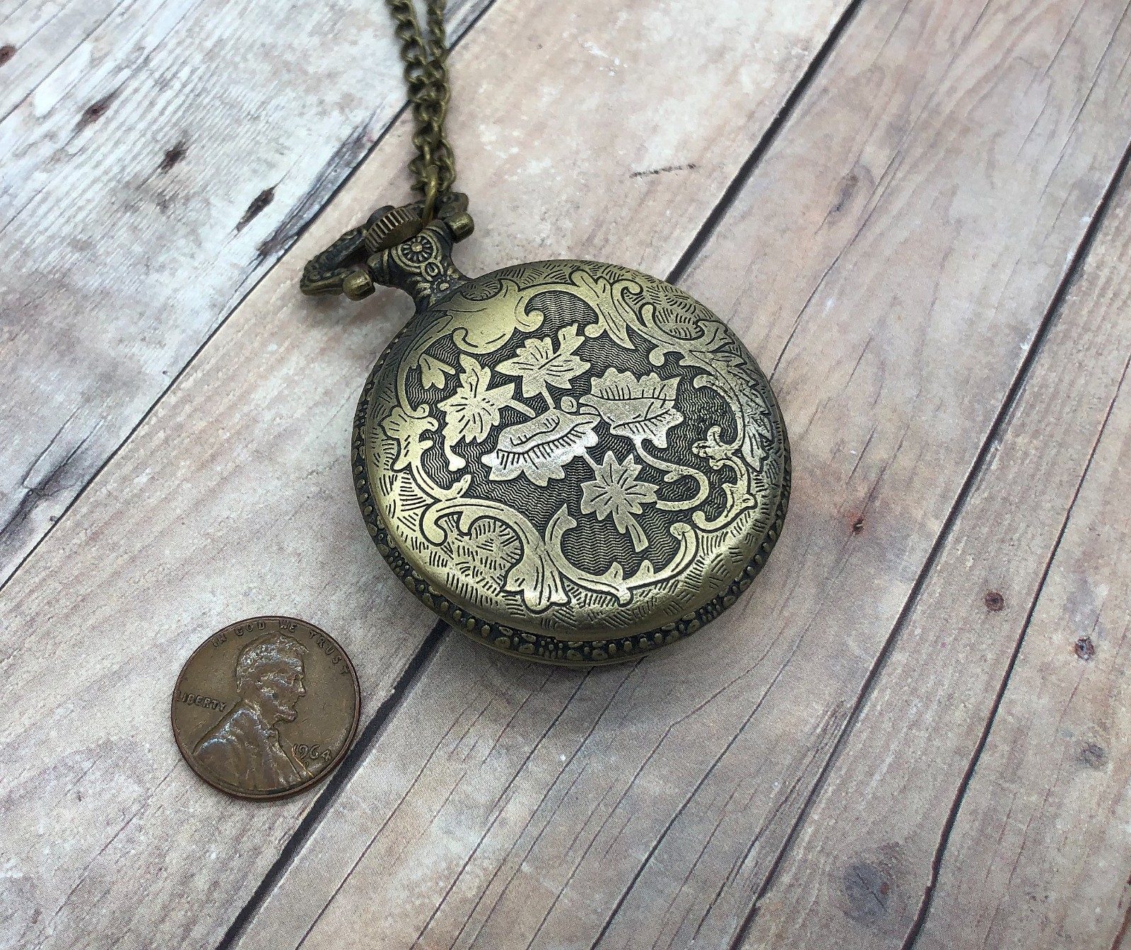 Vintage Map Pocket Watch Necklace 47mm Antique Bronze Case w/ 31″ Chain