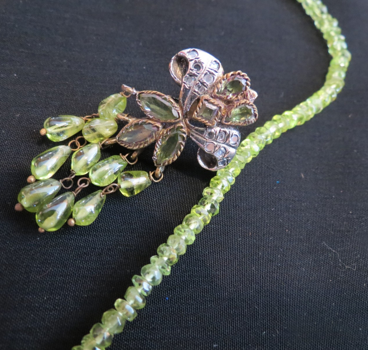 Vtg Chinese Export Green Glass Beads Silver Dangle Necklace & Pierced Earrings