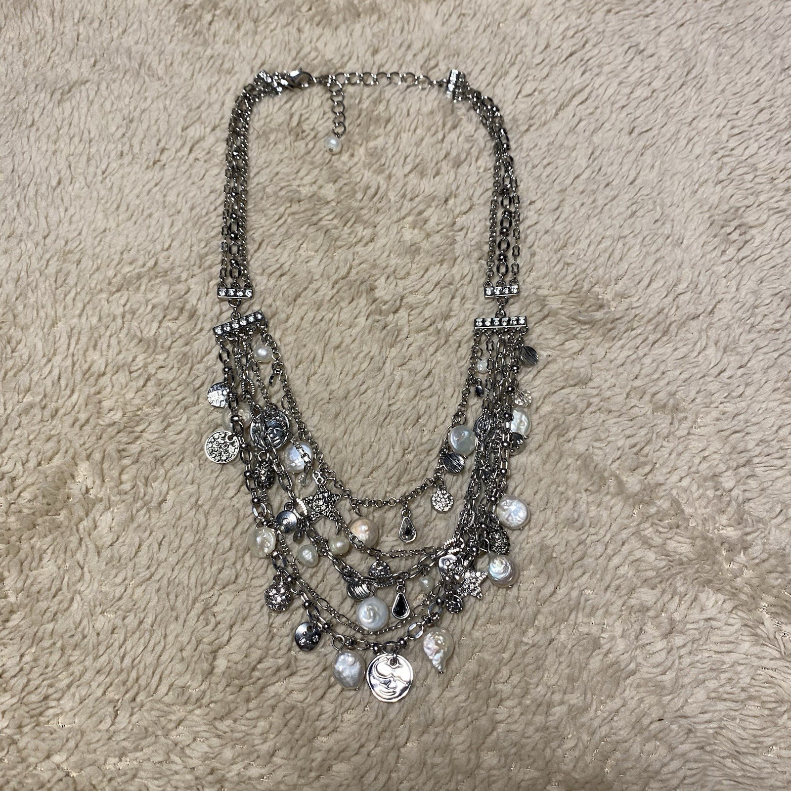 Joan Boyce Adjustable Layered Necklace Silver Crystal Pearl Multi-Charm Chain