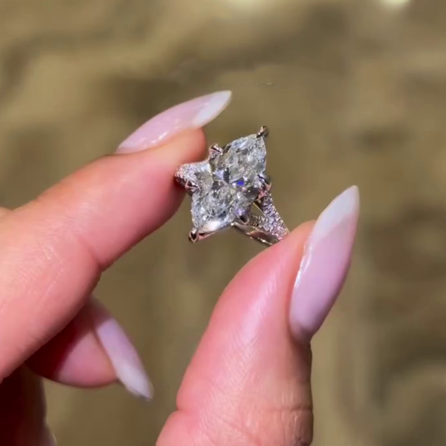 3.0Ctw Marquise Cut Moissanite Split Shank Engagement Ring 14K White Gold Plated