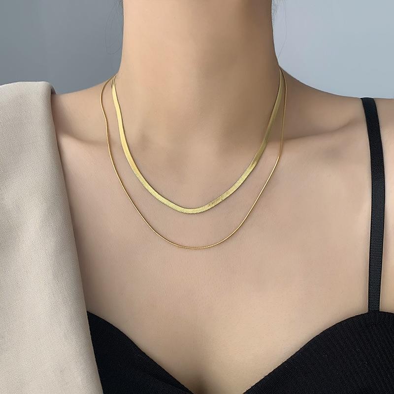 Woman Gold Silver Stainless Steel 2 Layers Snake Herringbone Chain Necklace PE6