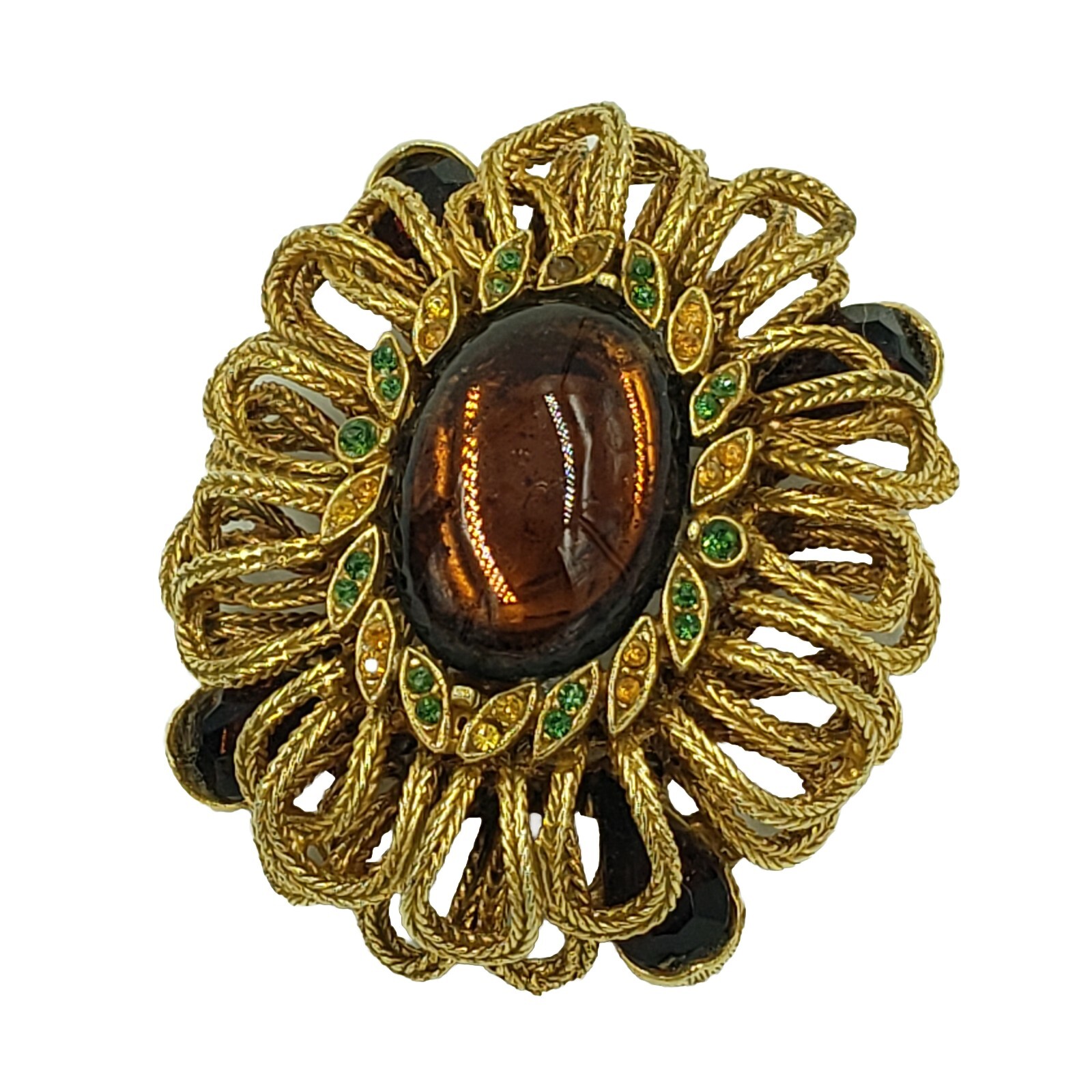CAPRI Brooch Amber Cabochon Rhinestone Gold Tone Loop Signed Vintage