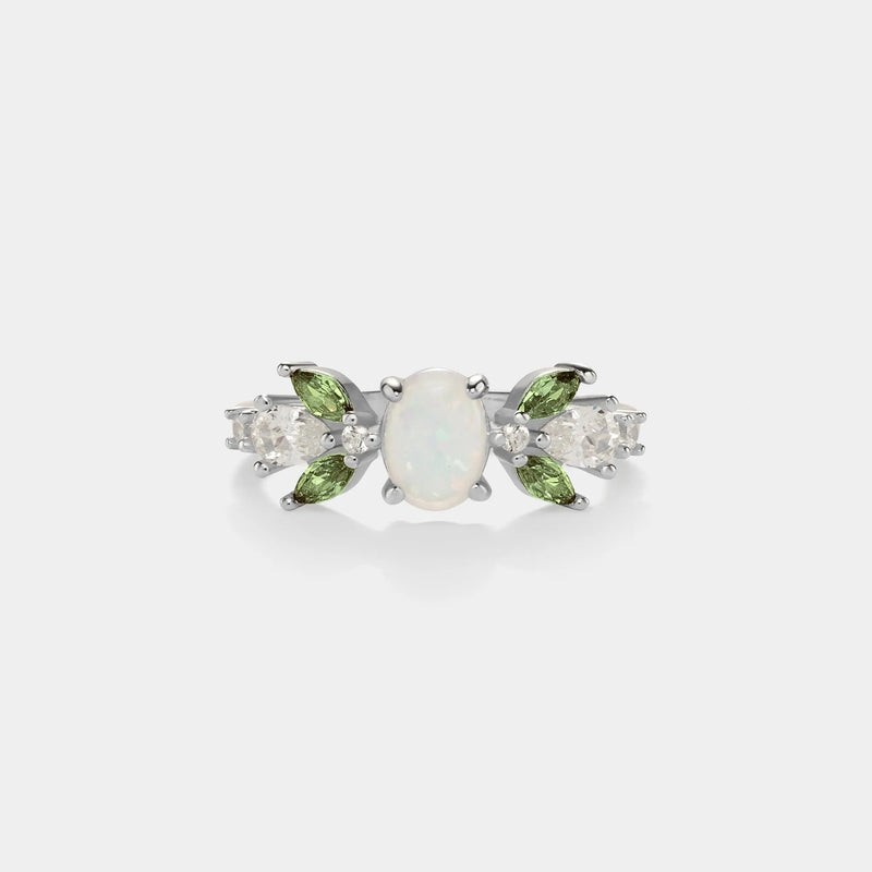 Oval Opal Olive Leaf Stacking Ring in 925 Sterling Silver