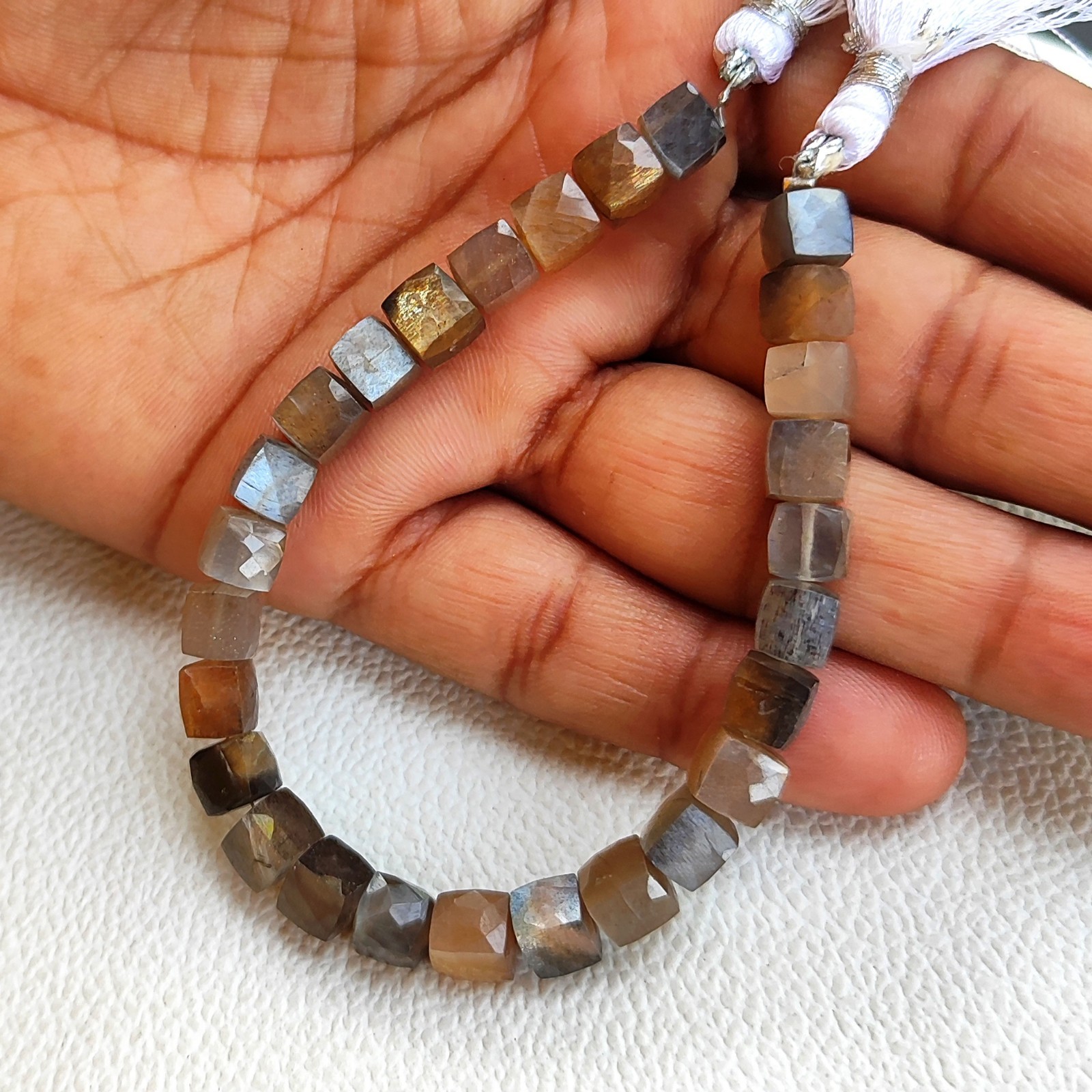 6.5mm Golden Shine Moonstone Faceted Cube Gemstone Beads 7″ Strand From India