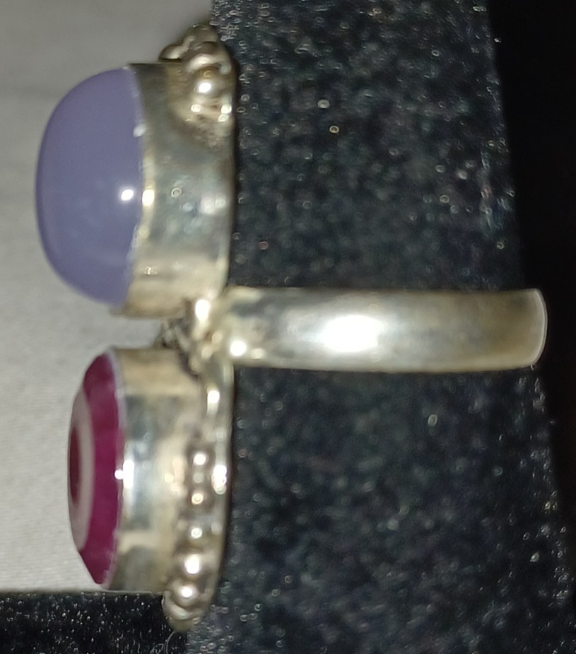 lavender and dark pink cabochon silver ring approx size 5