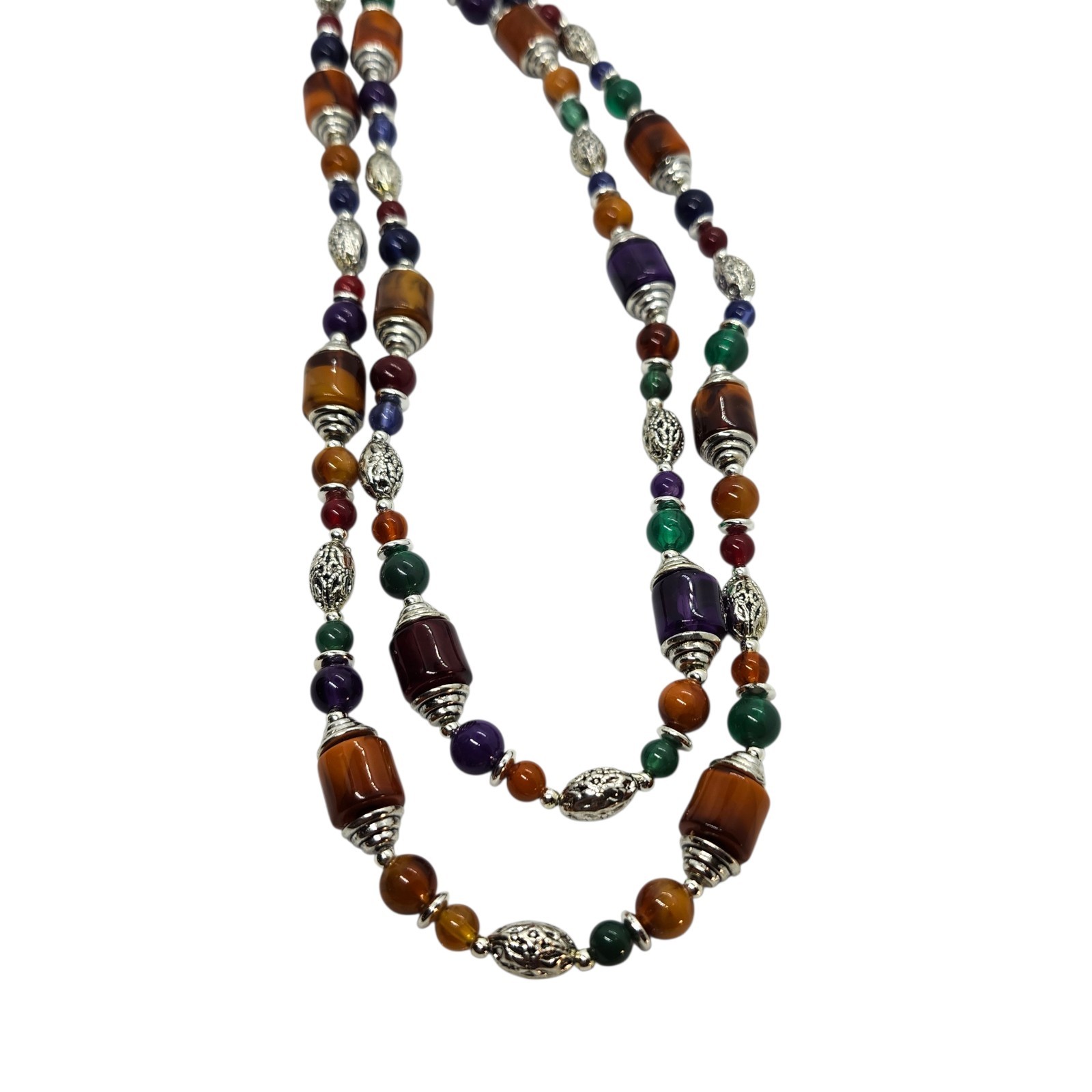 48″ Long Multi-Colored Red Blue Green Brown Orange Beads Silver Toned Necklace