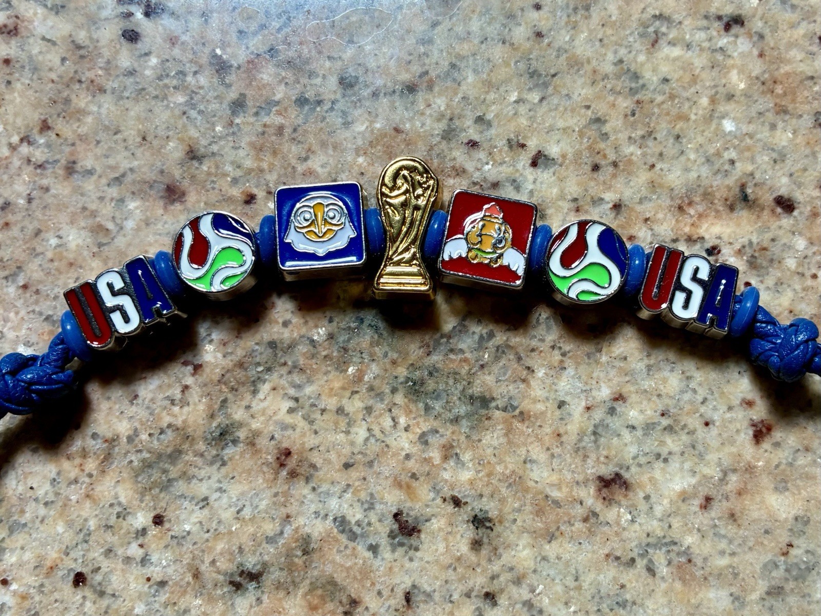 Unique One Of A Kind FIFA World Cup Soccer SEVEN BEAD Blue Charm Bracelet.