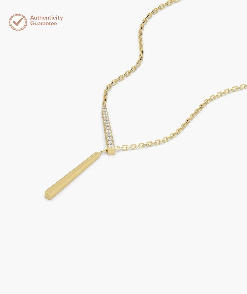 14k Yellow Gold Round Natural Diamond Unique Dangel Dainty Necklace For Wedding