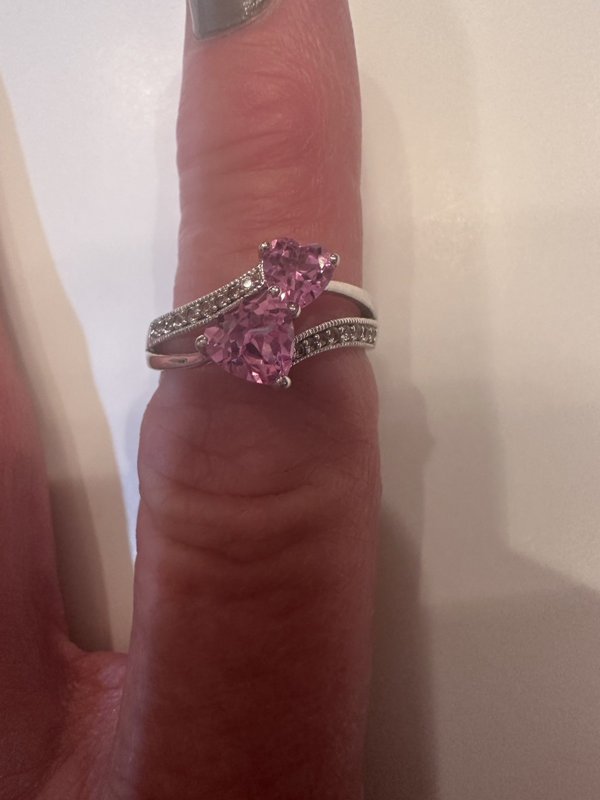 Sterling Silver Pink Heart CZ & Diamond Accent Bypass Ring – Size 7 – Marked 925