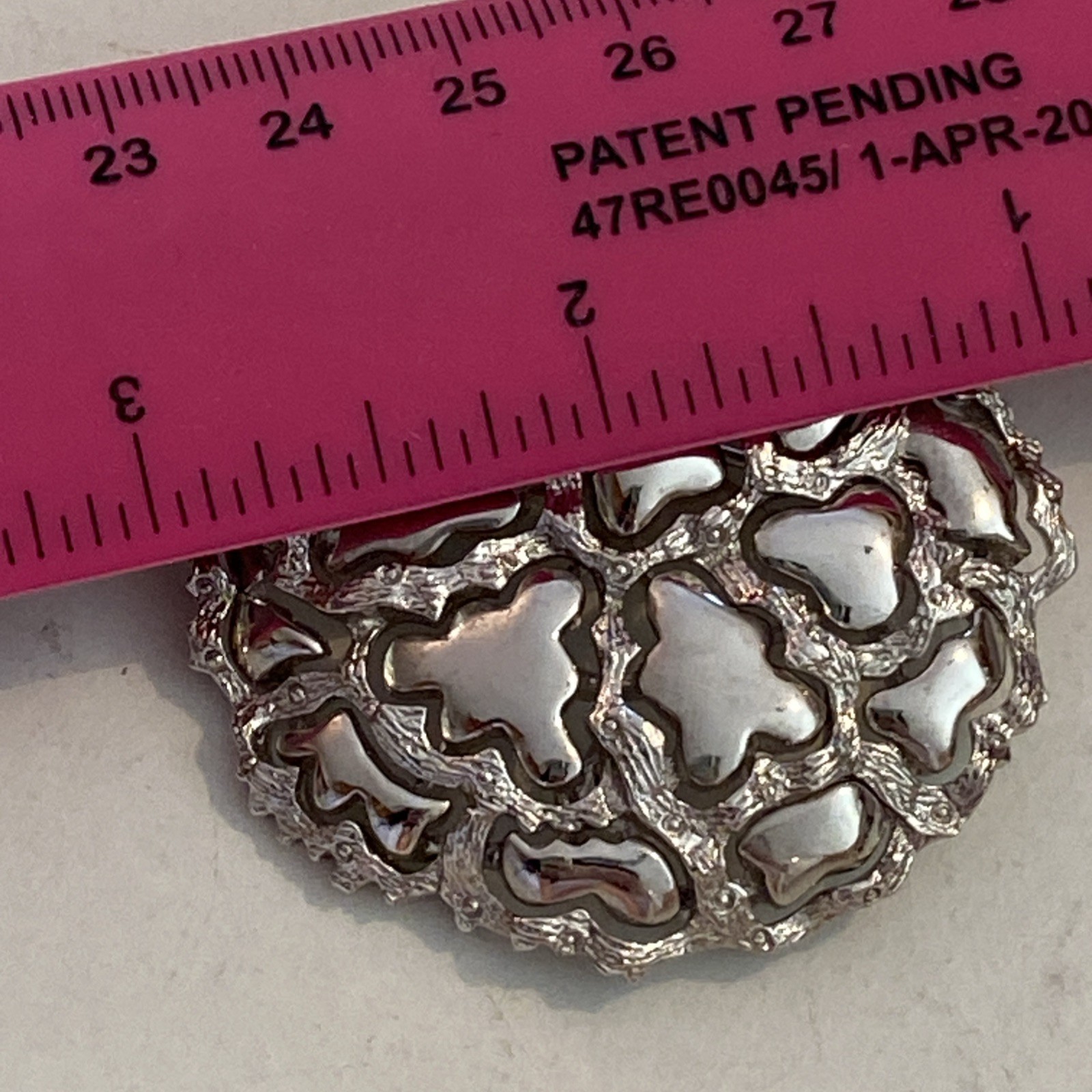 Vintage Roget TM Silver Tone Metal Modernist Perforated Pattern Branch Shiny Pin