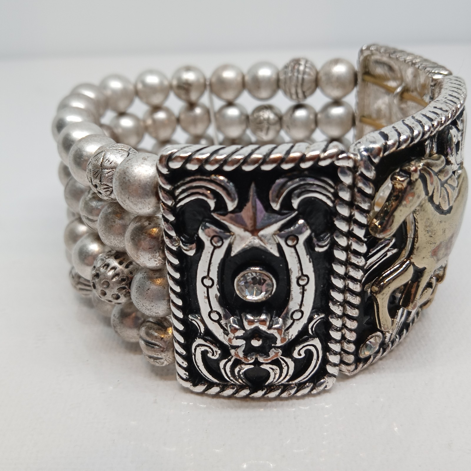 Horse Horseshoe Boot Silvertone Faux Silver Grey Designs Beads 4 Strands Stretch