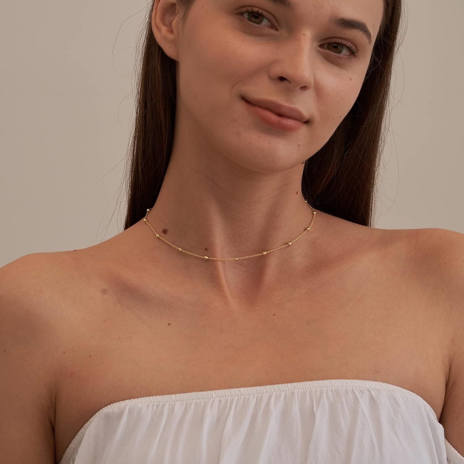 Dainty Gold Chain Necklace for Women, 14K Plated Beaded Box Link Choker Trendy