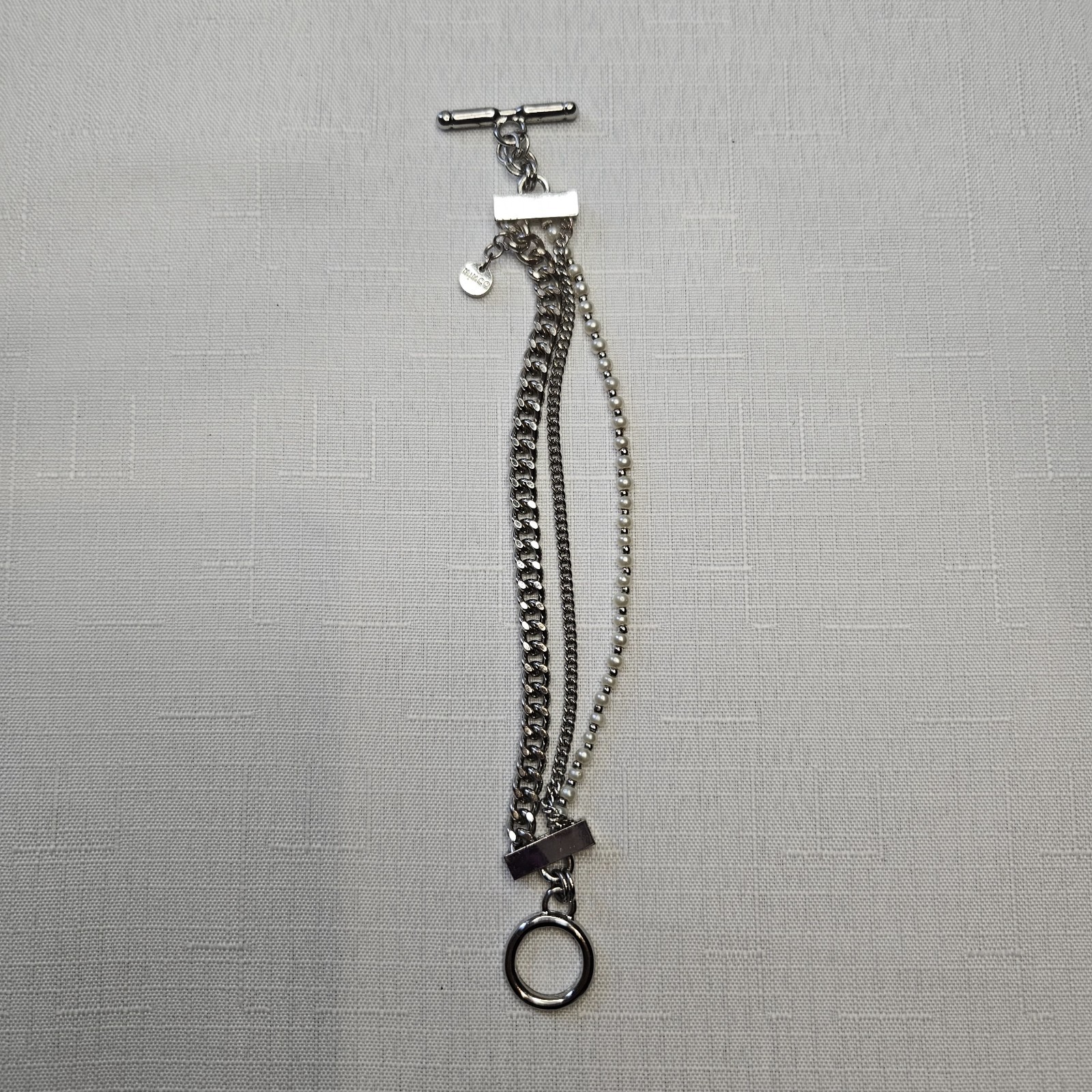 Mimco Signed Silver-Tone Multi-Strand Curb Link Faux Pearl Toggle Bracelet