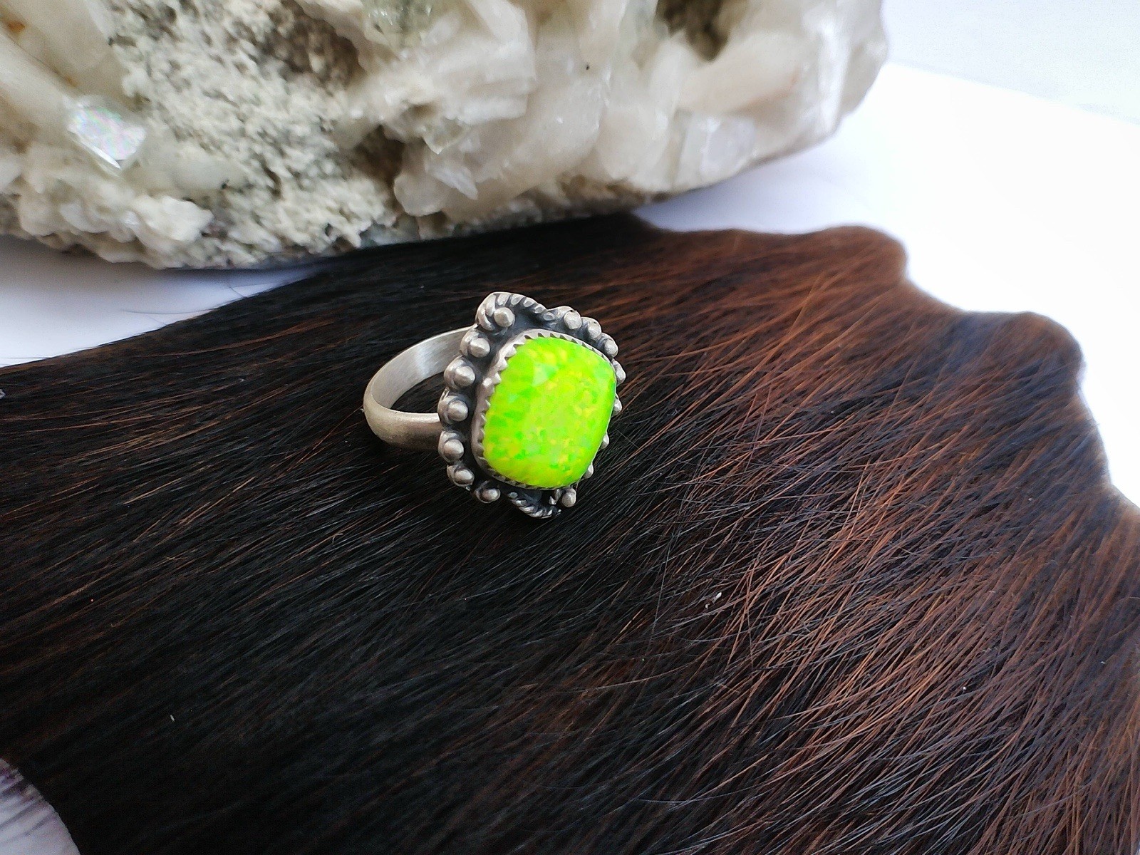 Green Opal Ring Sterling Silver 925 Neon Lime Statement Southwest Western Boho