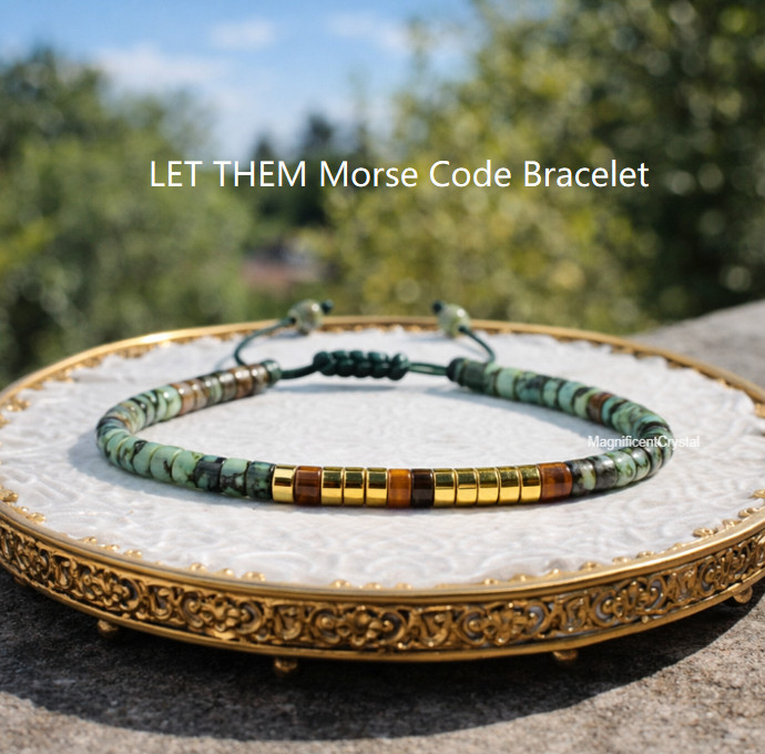 LET THEM Tiger Eye Turquoise Tube Stone Bracelet Morse Code Dainty Healing Gift