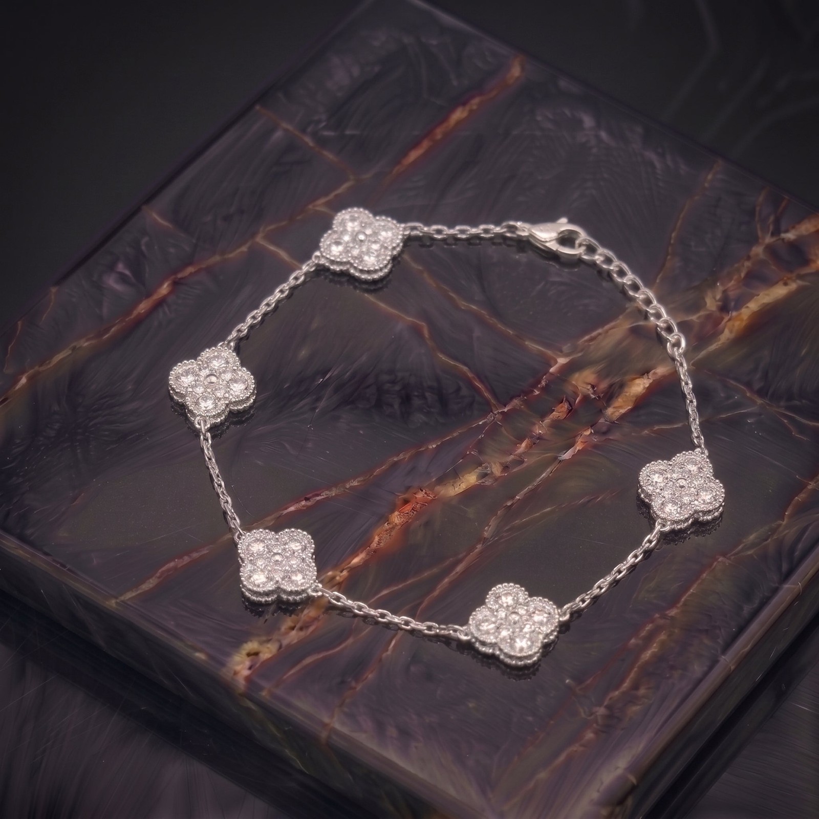 Cz Clover Bracelet Adjustable 7-8″ inch 925 Sterling Silver 8.5mm