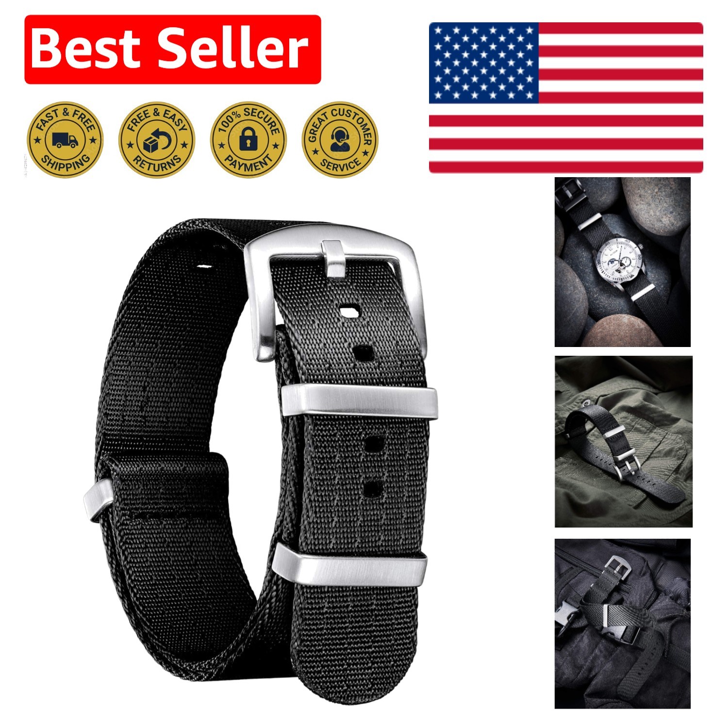 Heavy-Duty Nylon Watch Strap 18mm, Waterproof with Stainless Steel Buckle