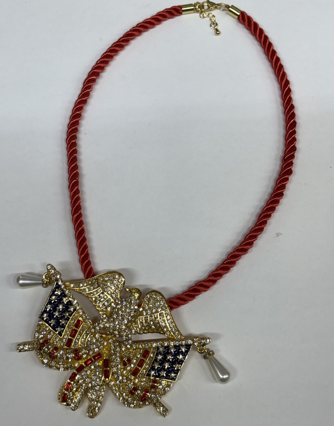 Flags Eagle Gold Tone Red White Blue Rhinestones Pearls USA 250th Necklace NEW