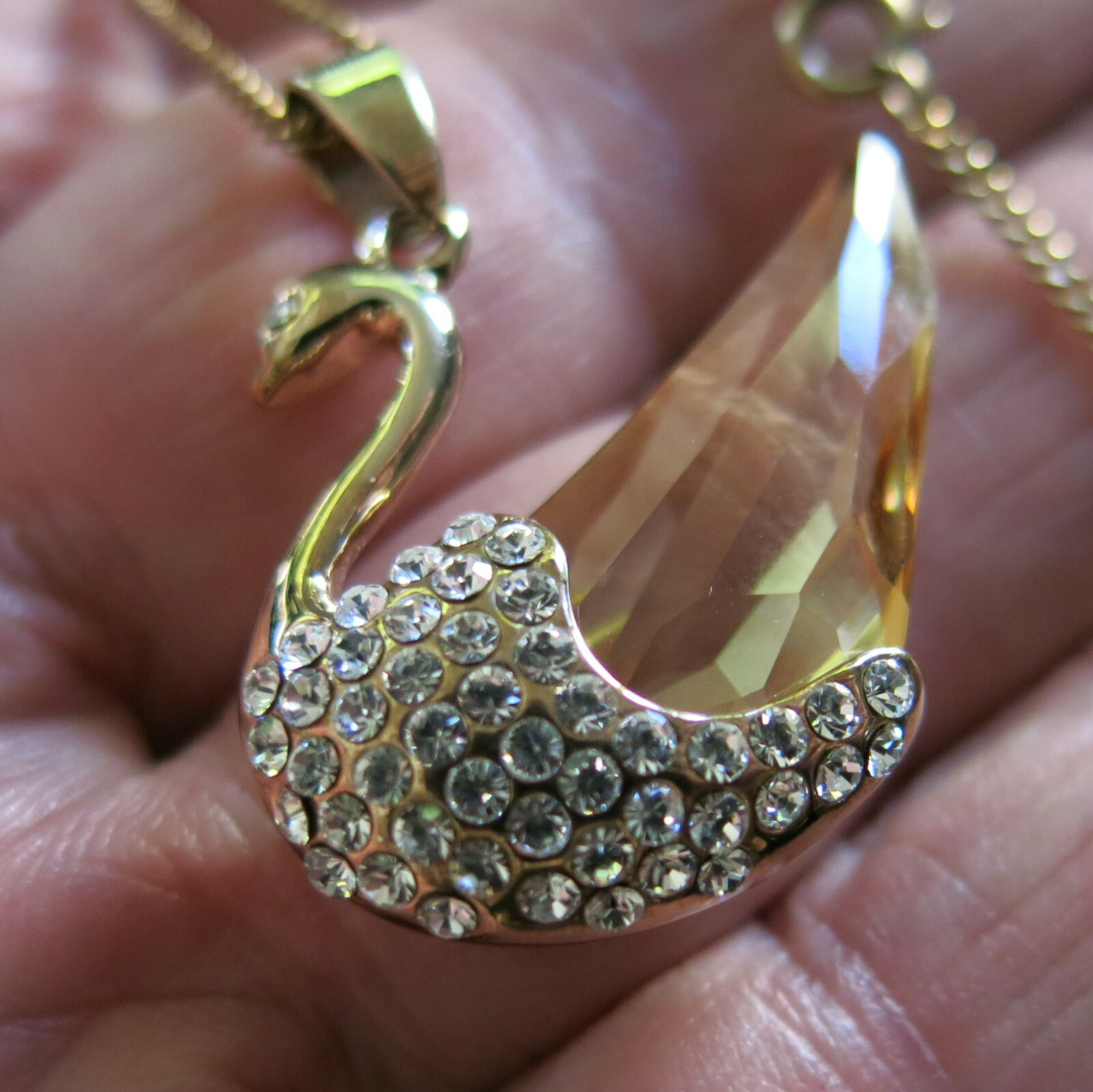 Swarovski Crystal Swan Pendant in Gold Tone Metal & Gold Filled 19 Chain [6611]
