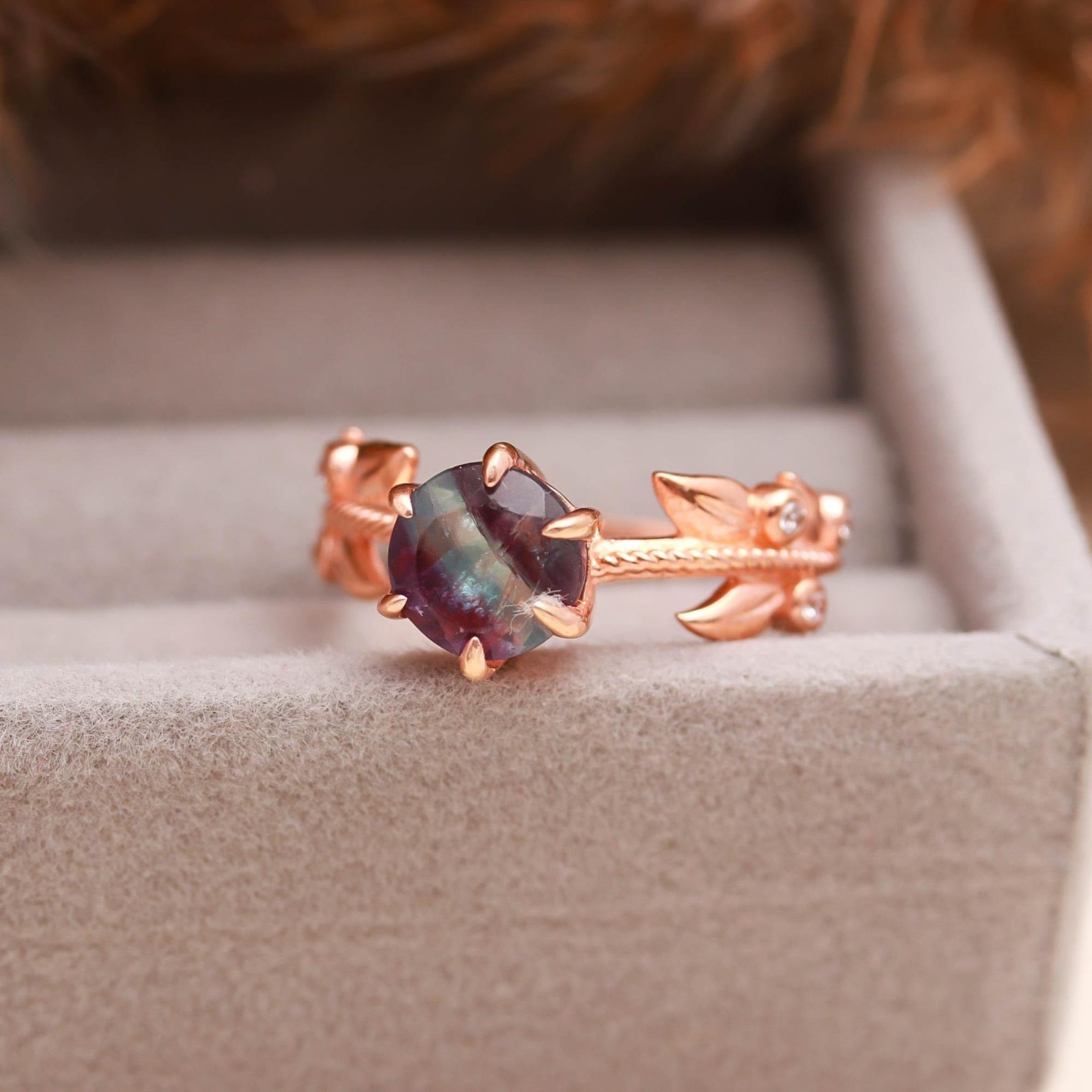 Natural Fluorite Round Ring Rose Gold Plated 925 Sterling Silver Vintage Jewelry