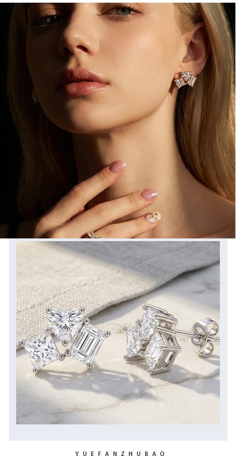 925 Sterling Silver Heart Pear Emerald Cut Moissanite Cluster Stud Earrings