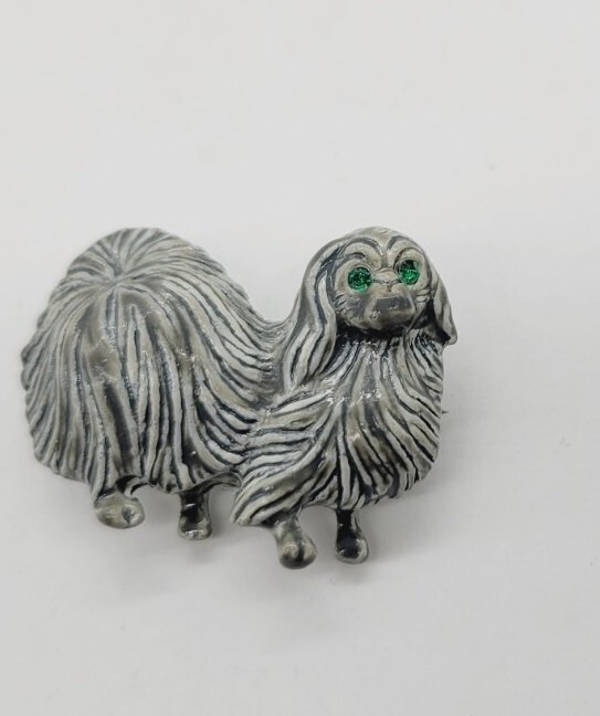 Shih Tzu Dog Brooch Pin Rhinestone GREEN Eyes signed Gerry’s Vintage
