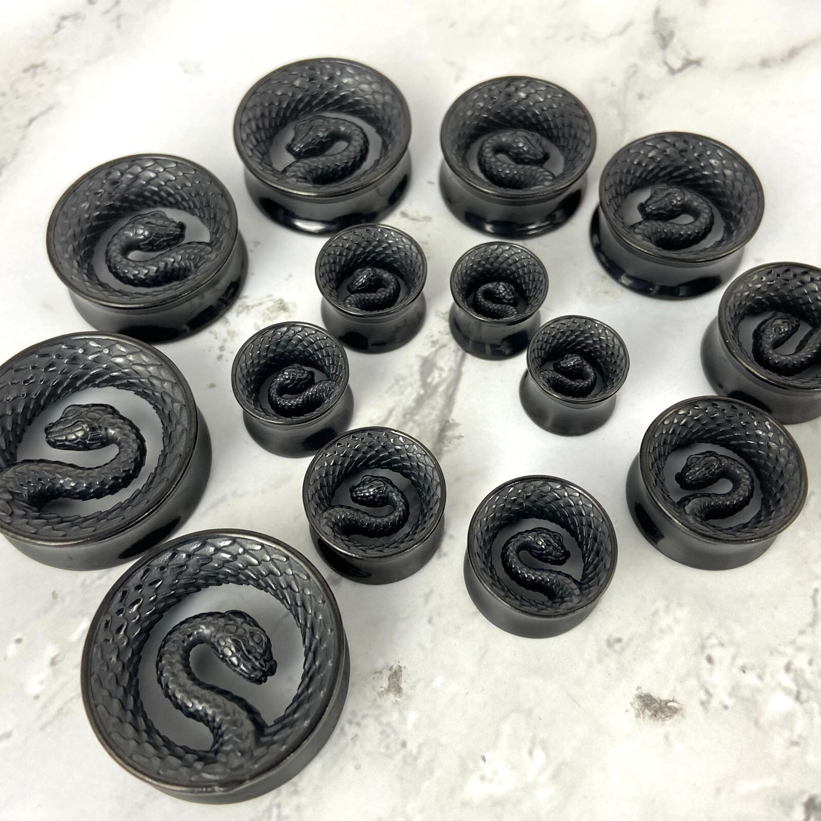 Pair of 316L Black Steel Snake Double Flare Tunnels (PS-292, BLACK) gauges plugs