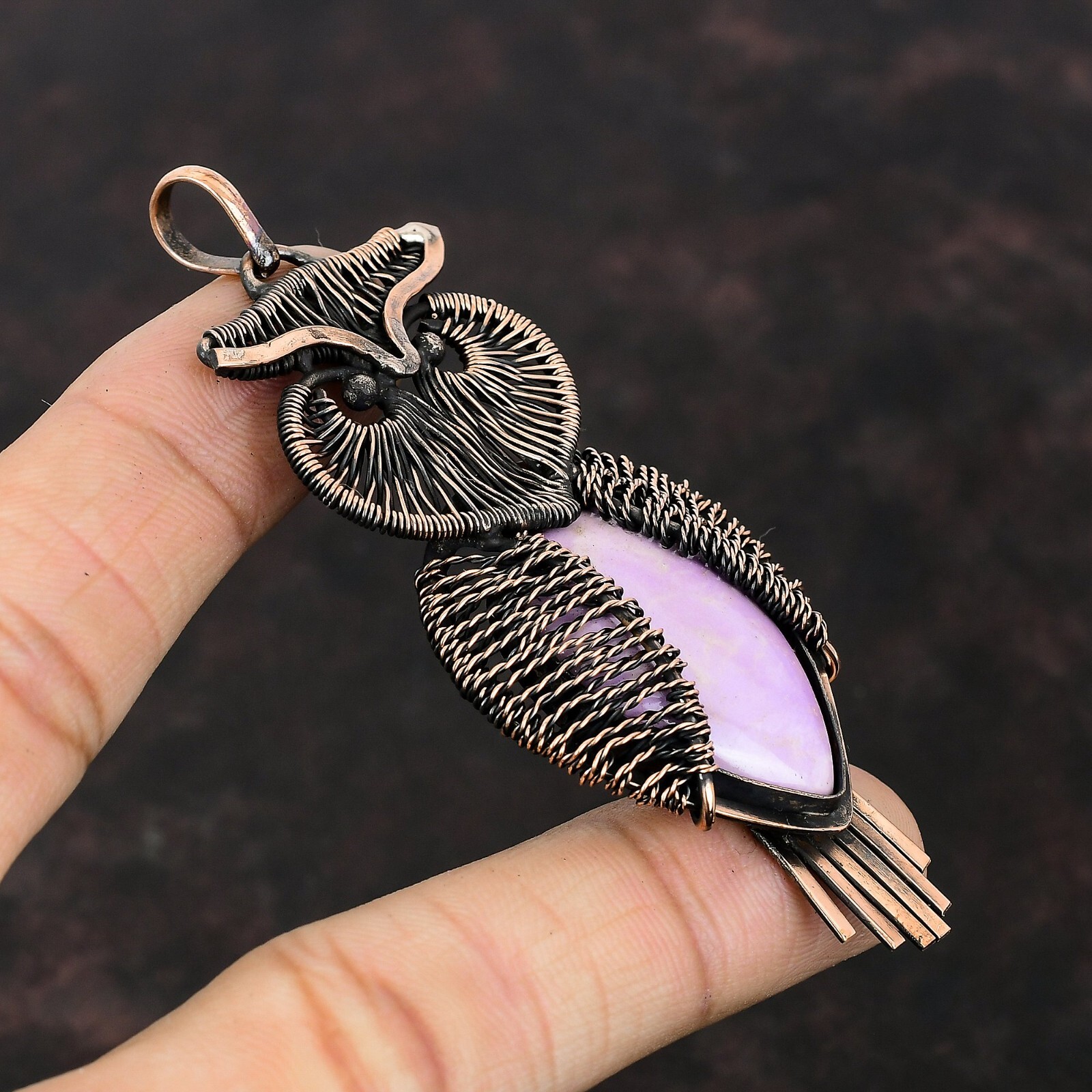 Phosphosiderite Gemstone Jewelry Copper Mom Gift Wire Wrapped Owl Pendant 3.43″