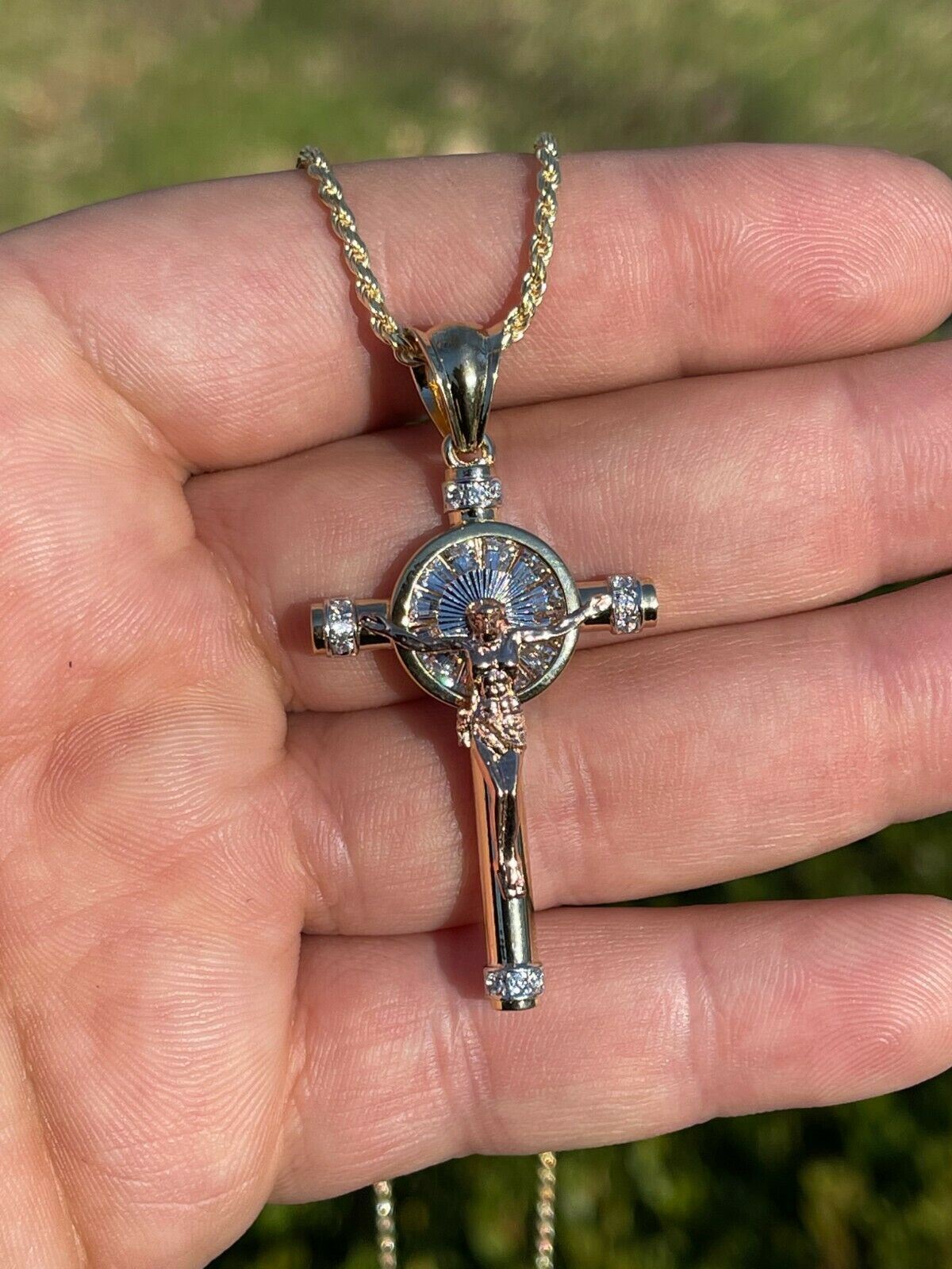 Solid 925 Silver Cross W. Jesus Pendant Yellow & Rose Gold Plated Necklace CZ