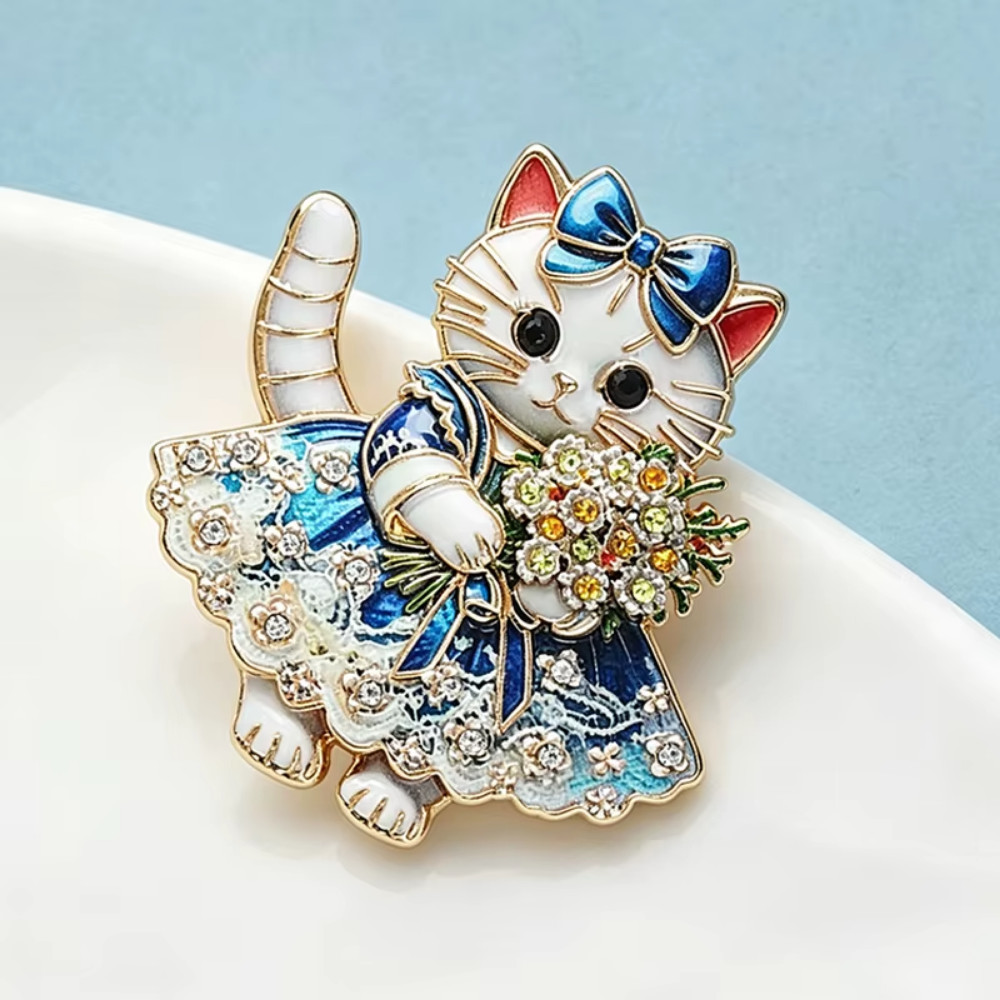 Blue Cat Brooch Pin Rhinestone Crystal Kitten Flower Bouquet Animal Jewelry Gift