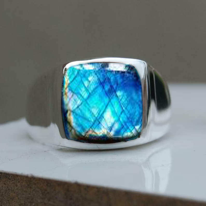 Solid 925 Sterling Silver Natural Blue Labradorite Gemstone Men’s Unisex Ring