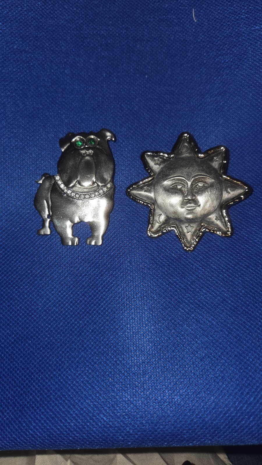 TWO BROOCHES! SUN IS JJ JONETTE; BULLDOG IS UNKNOWN BRAND. ONE LOW PRICE!