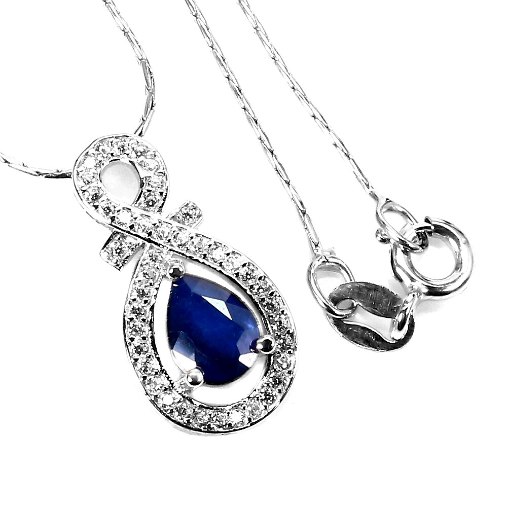 925 Sterling Silver Necklace Pear Sapphire Diffused 7x5mm Gemstone Jewelry 18in