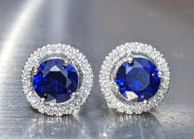 2Ct Round Lab Created Blue Sapphire Stud Earrings Womens 14K White Gold Plated